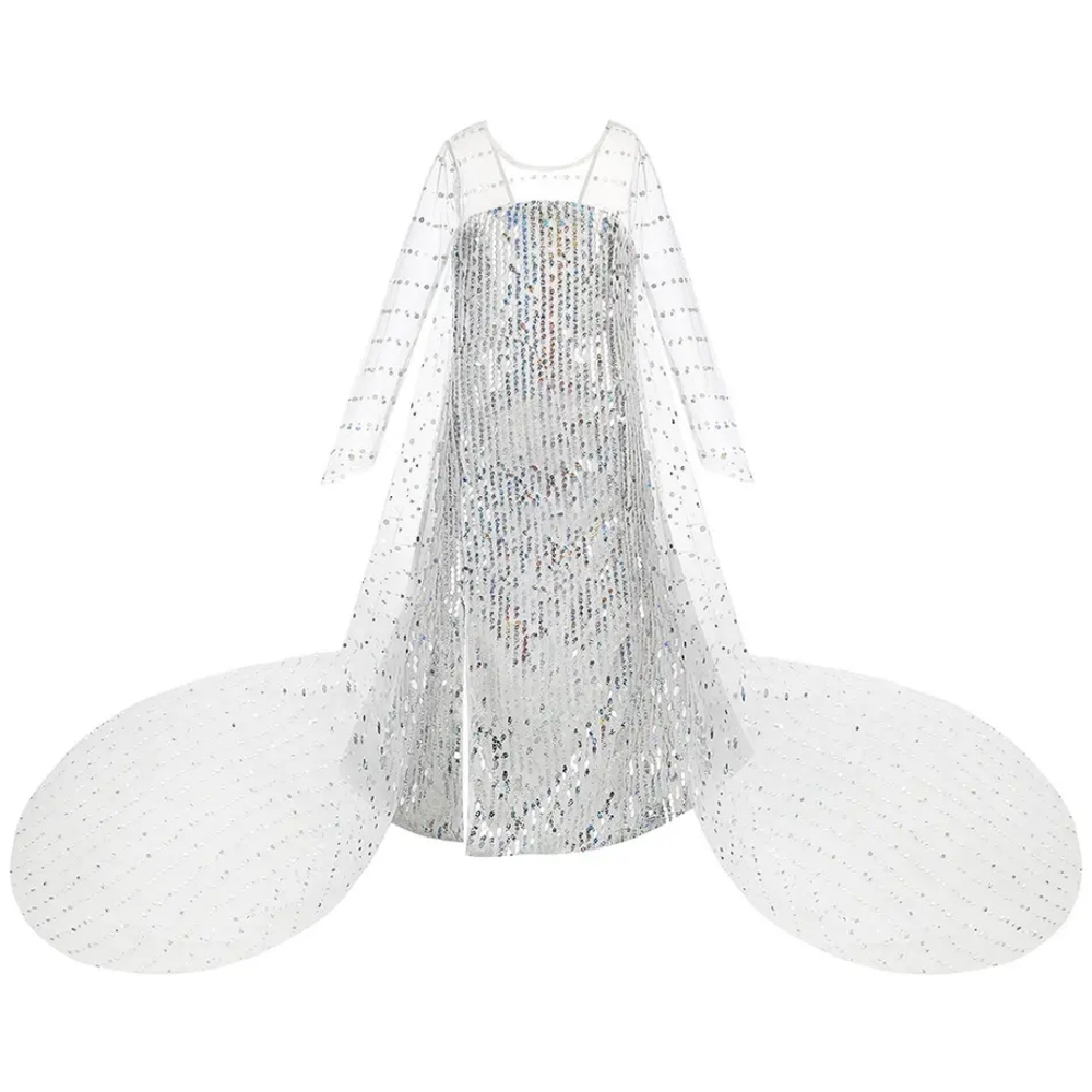 Frozen Elsa white sequence material with back long drape
